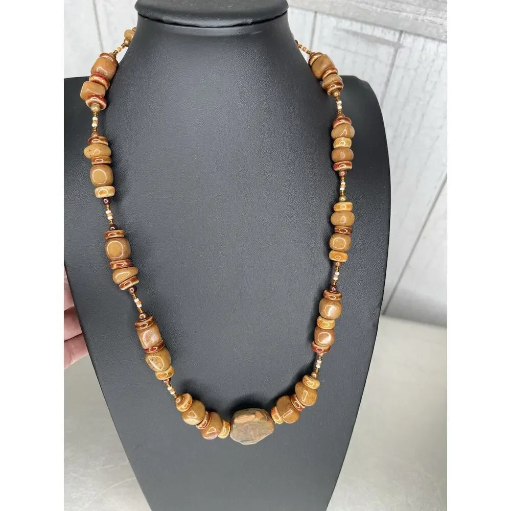 Vintage Pendant Necklace Polished Agate Stone Beach Boho Hippie Brown Orange